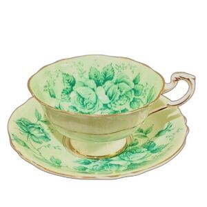 Vintage 1940s Paragon Double Warrant Bone China Green Cabbage Rose Cup & Saucer